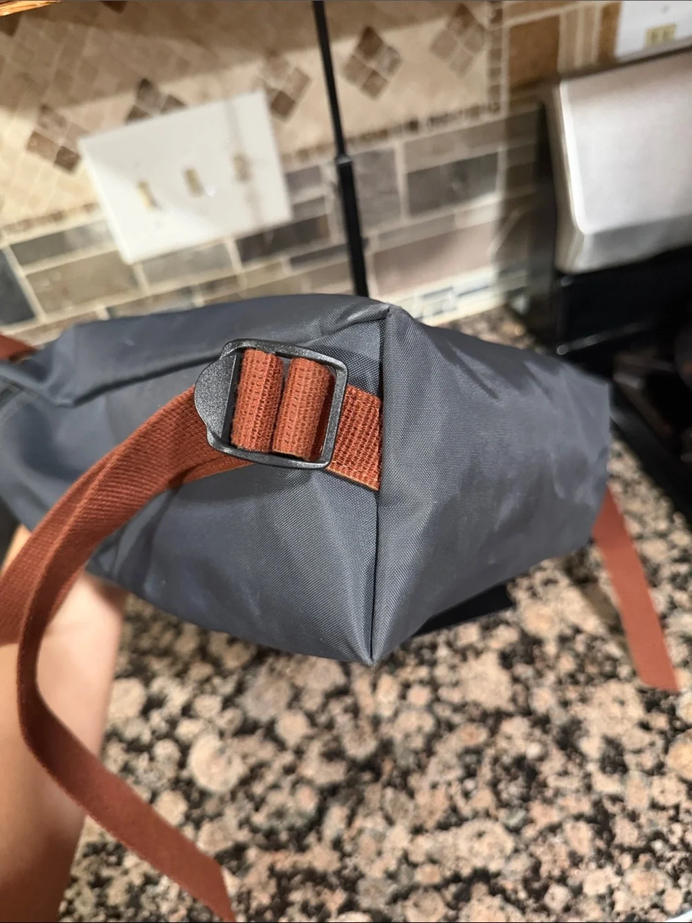 Long champ grey book bag with Brown Leather Trim